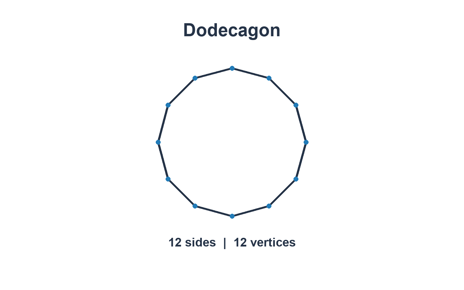 A regular dodecagon outlined in navy, with 12 equal sides and 12 blue vertices.